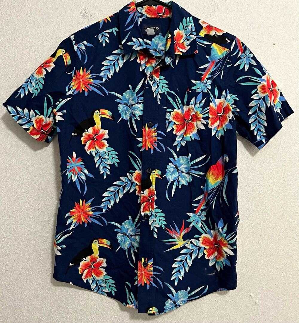 Place Men's Blue Tropical Floral Toucan Short Sleeve Button-Up Shirt XL